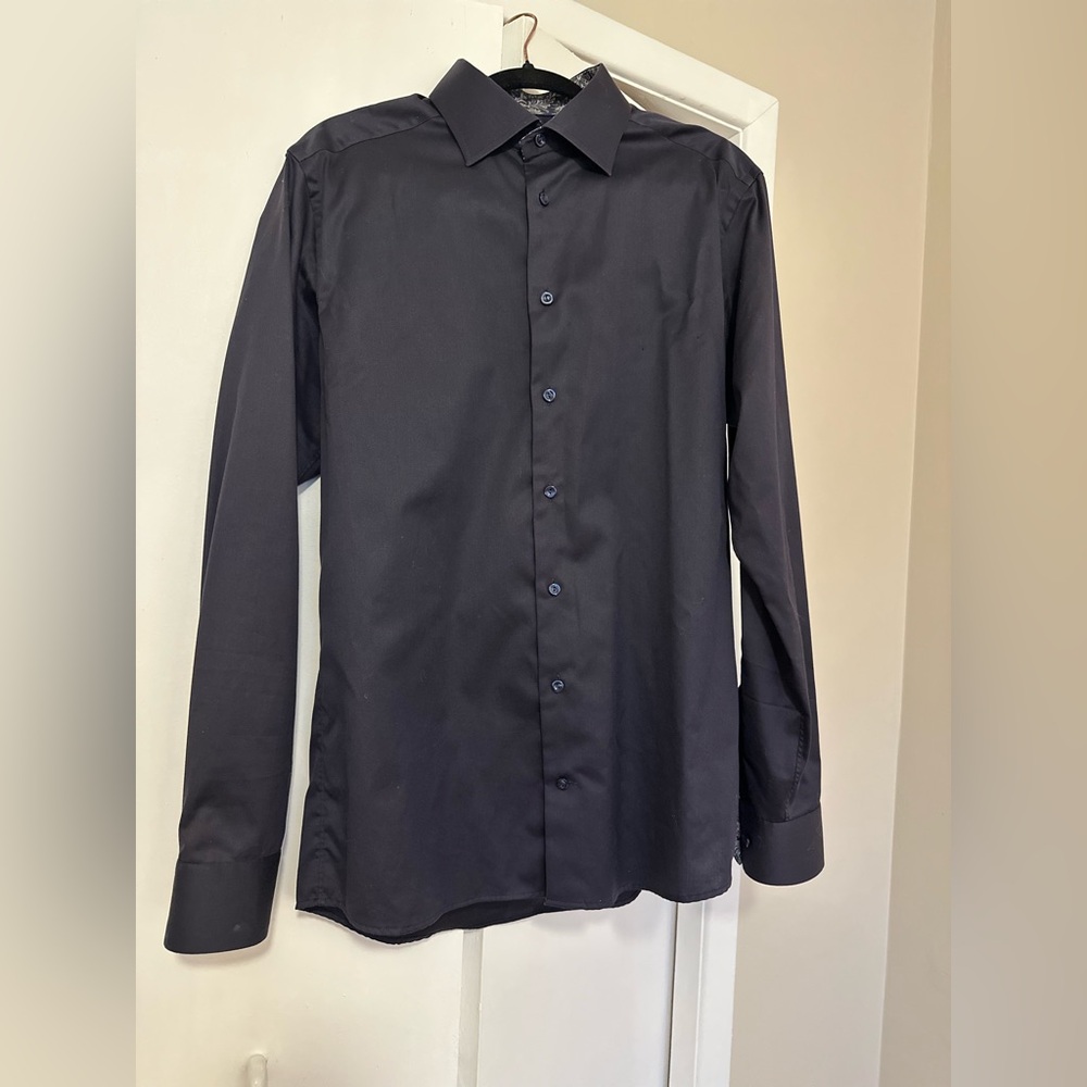 Eton Men's 100% Cotton Twill Navy Blue Button-up Shirt with paisley trim (42R)